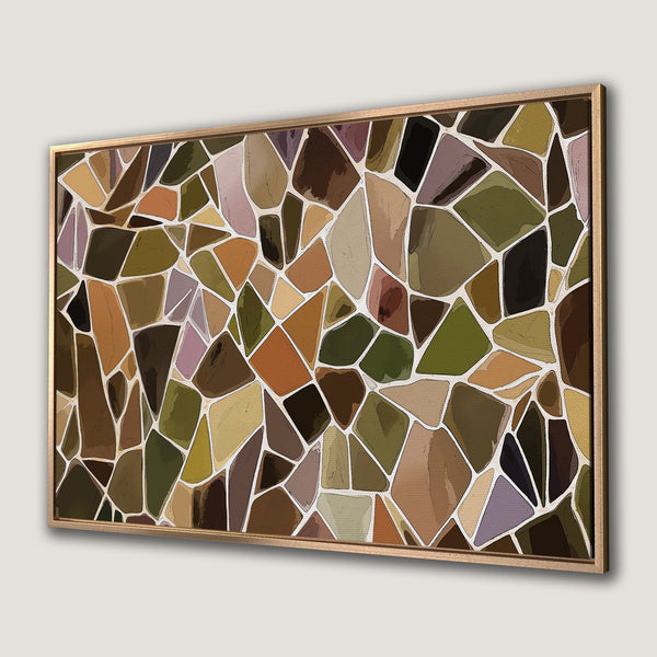 Framed Wall Art featuring a mosaic-style abstract design in earthy tones of brown, green, and orange. Perfect for adding a touch of modern art to your space.