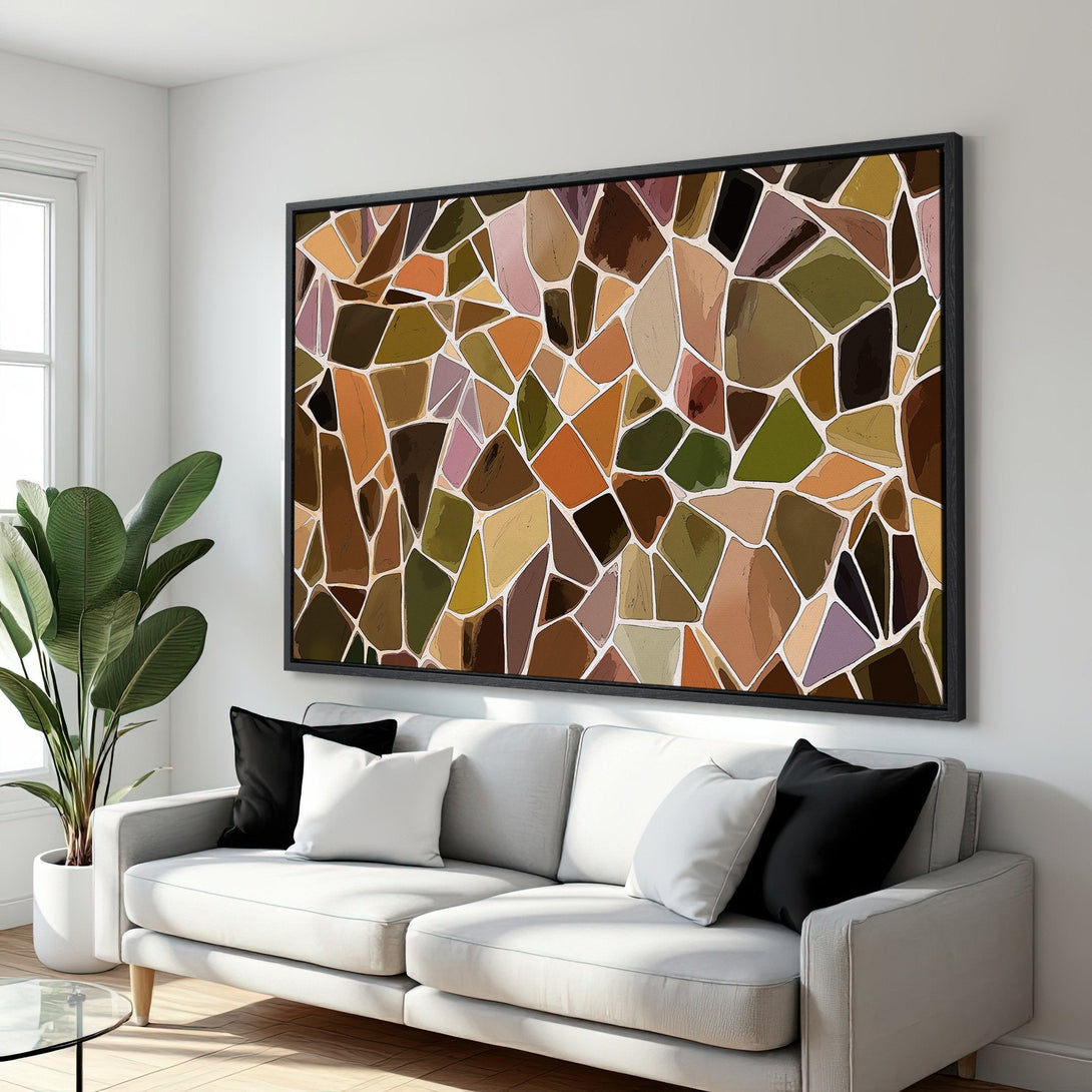 Framed Wall Art: Abstract mosaic design in warm earth tones. Modern art for living room decor. Enhance your space with this stylish canvas print.