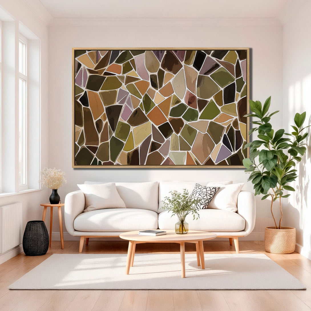 Framed Wall Art: Abstract mosaic design in earthy tones of brown, green, and purple. Modern art print adds a stylish touch to any living room.