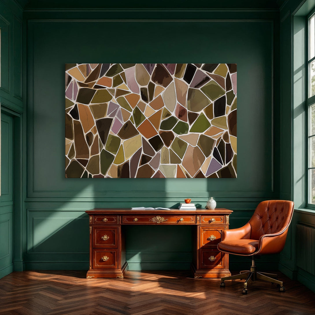 Framed Wall Art: Abstract mosaic design in earthy tones. Modern canvas print adds warmth and style to any dining room. Shop now!