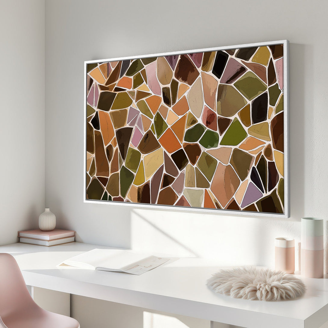 Framed Wall Art: Abstract mosaic style artwork in warm earth tones. Modern decor for living room or office.