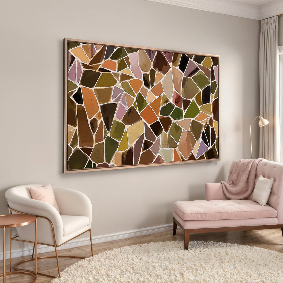 Framed Wall Art featuring abstract mosaic design in earthy tones. Modern art for living room decor.