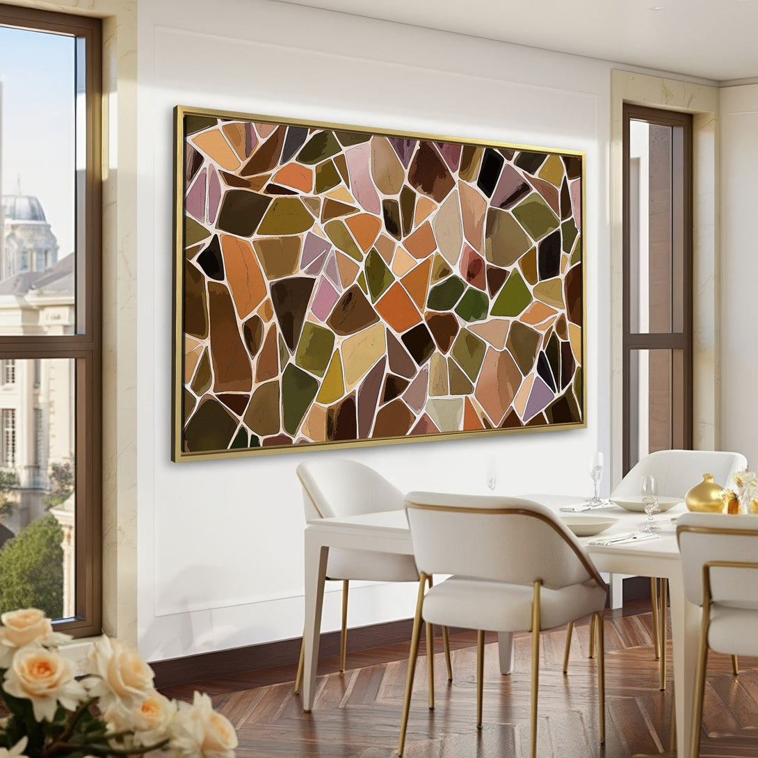 Canvas Print of abstract mosaic art in earthy tones. Modern wall decor for living rooms, bedrooms, and offices. Warm color palette.