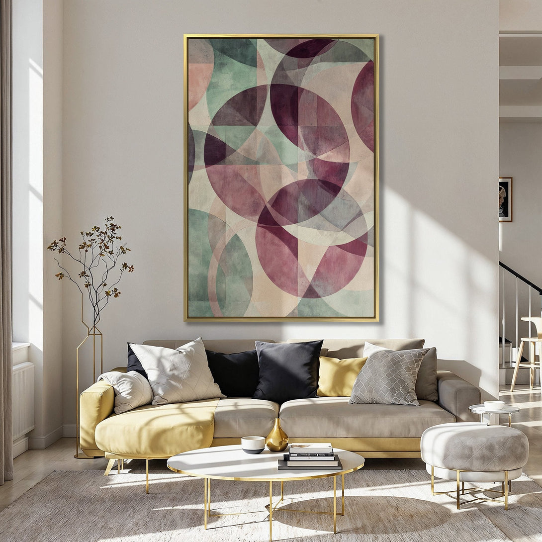 Canvas Print featuring abstract geometric circles in a muted color palette of pink, teal, and beige. Perfect for adding modern art to your home.