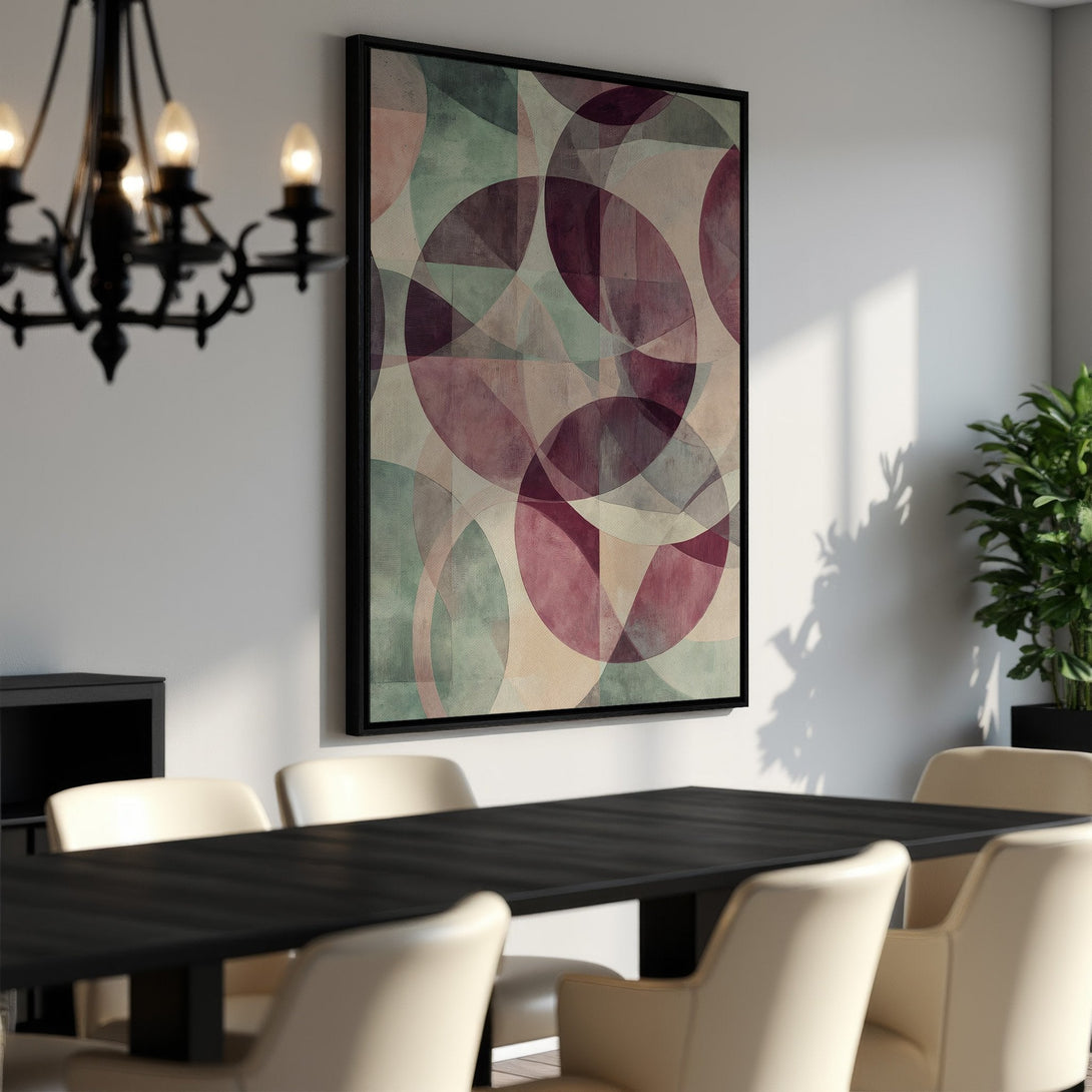 Framed Wall Art featuring an abstract geometric design in muted pinks, greens, and beige. Modern art perfect for dining room decor.