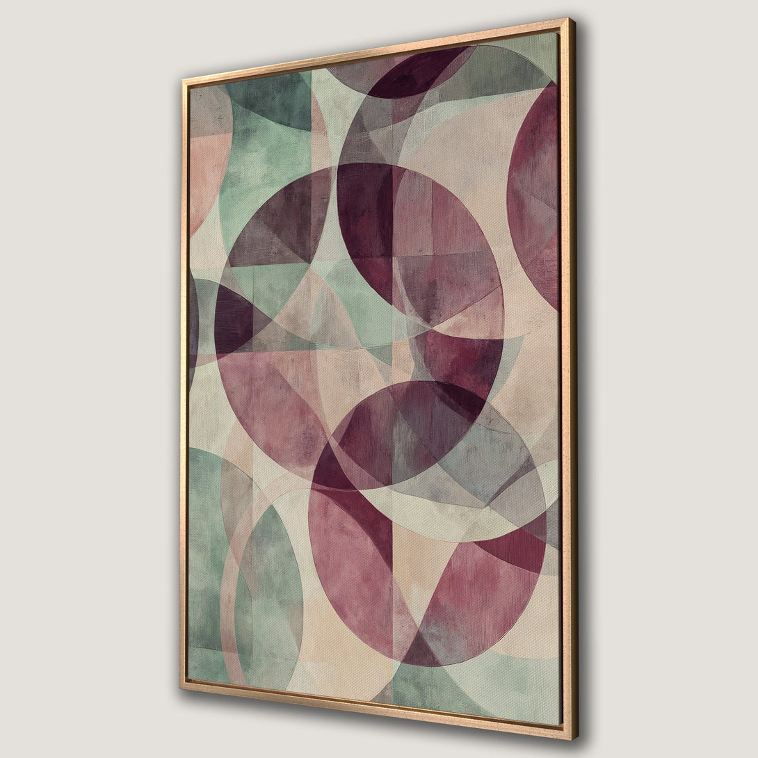 Framed Wall Art featuring an abstract geometric design with overlapping circles in a muted color palette of burgundy, teal, and beige. Modern art for your home.