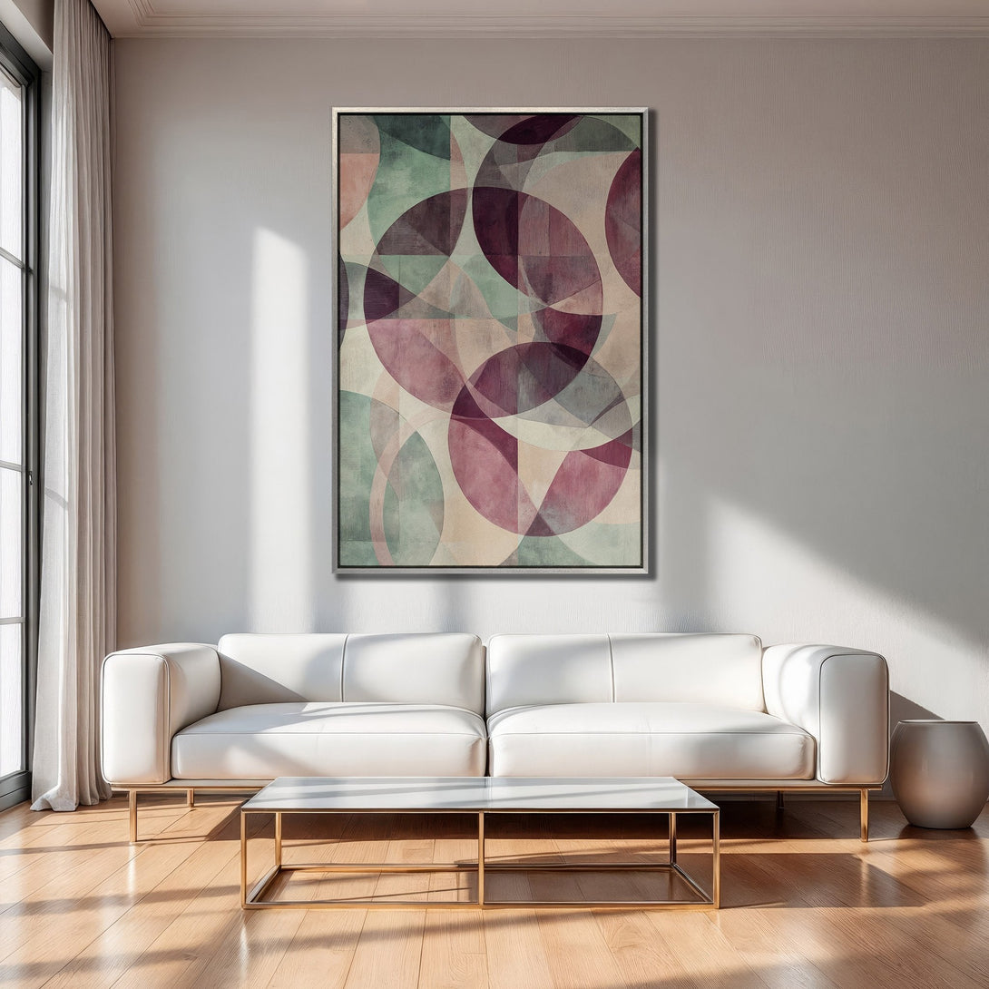 Framed Wall Art featuring abstract geometric design in muted purple, green, and beige tones. Modern home decor inspiration.