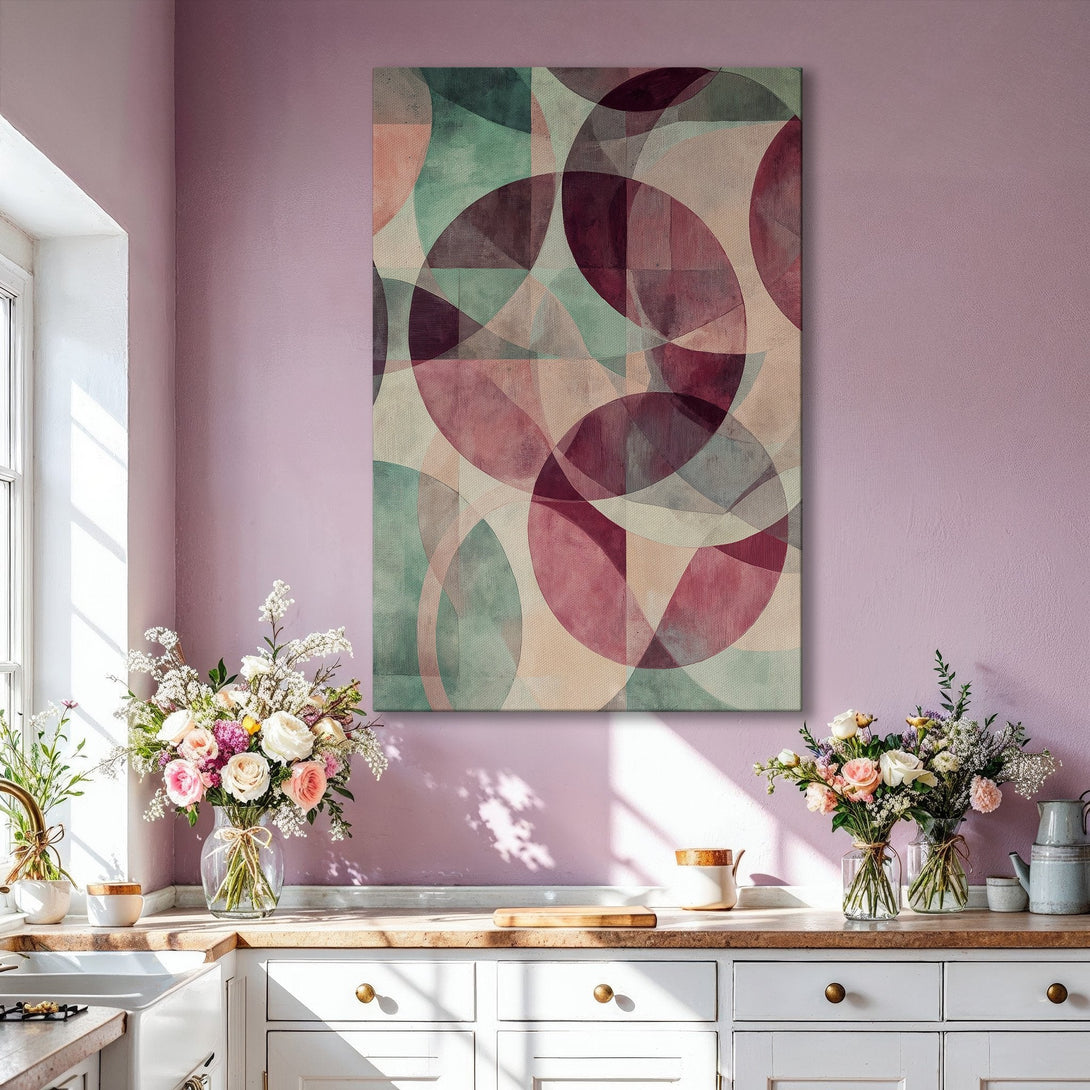 Framed Wall Art featuring abstract geometric circles in muted purple, pink, and green tones. Modern art canvas print for a stylish living room.