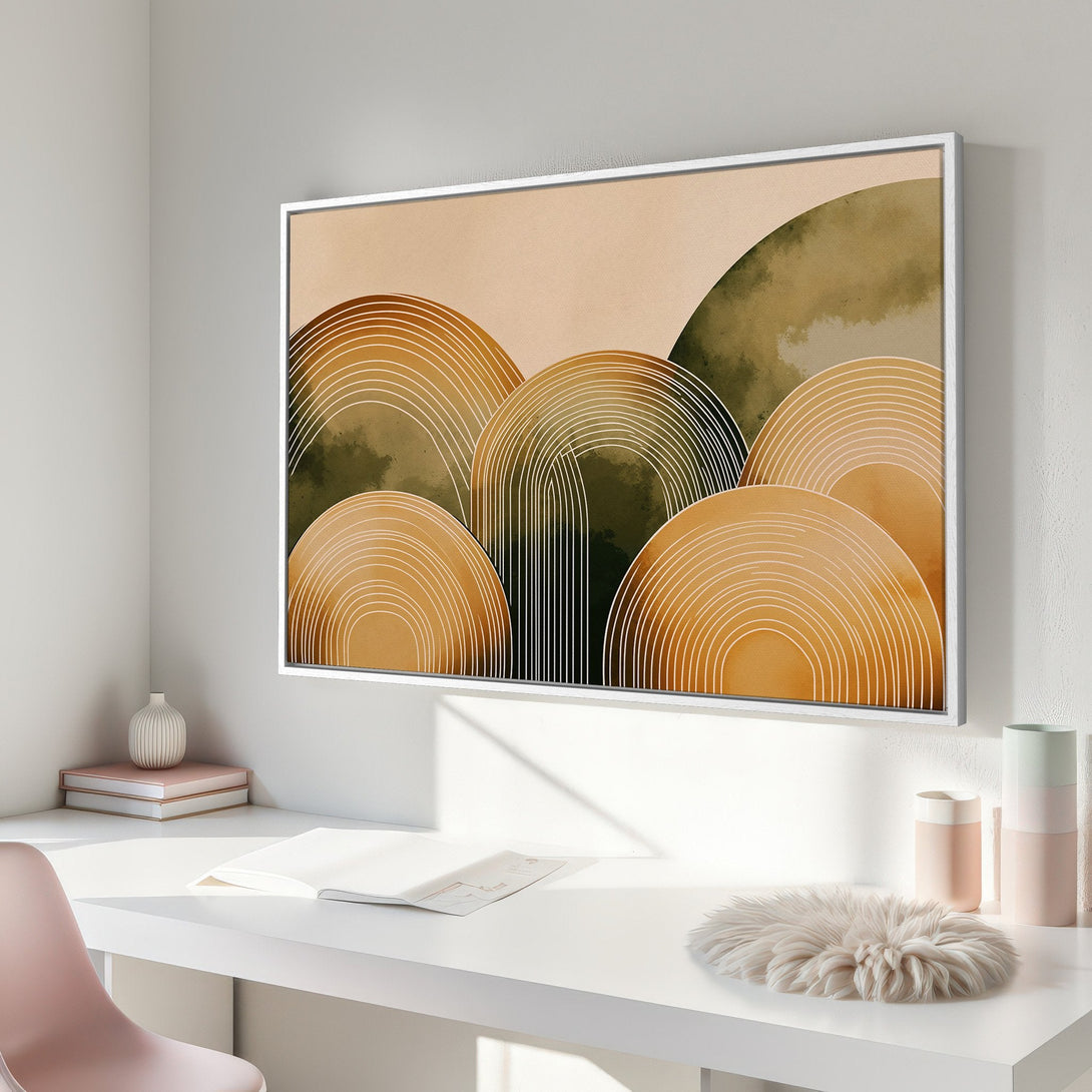 Framed Wall Art featuring abstract geometric design in warm earth tones. Modern art piece perfect for any home decor style.