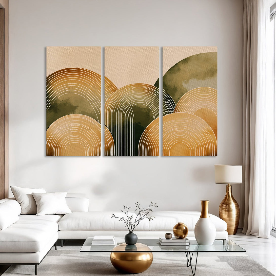 Abstract Canvas Print featuring layered arch shapes in warm earth tones. Modern art for living room decor.