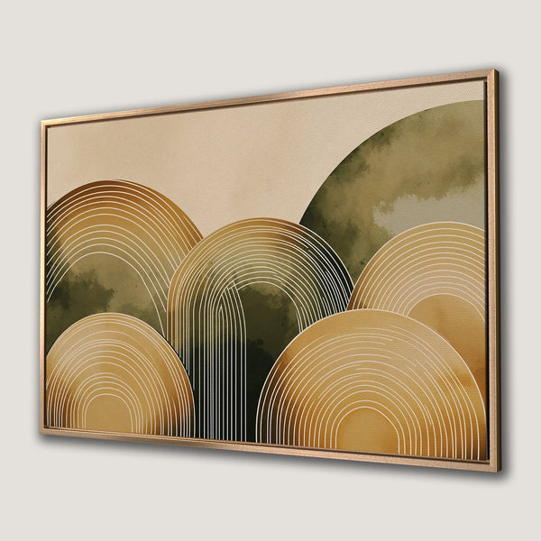 Framed Wall Art Canvas Print featuring abstract mountain design in warm earth tones. Modern art for home decor.