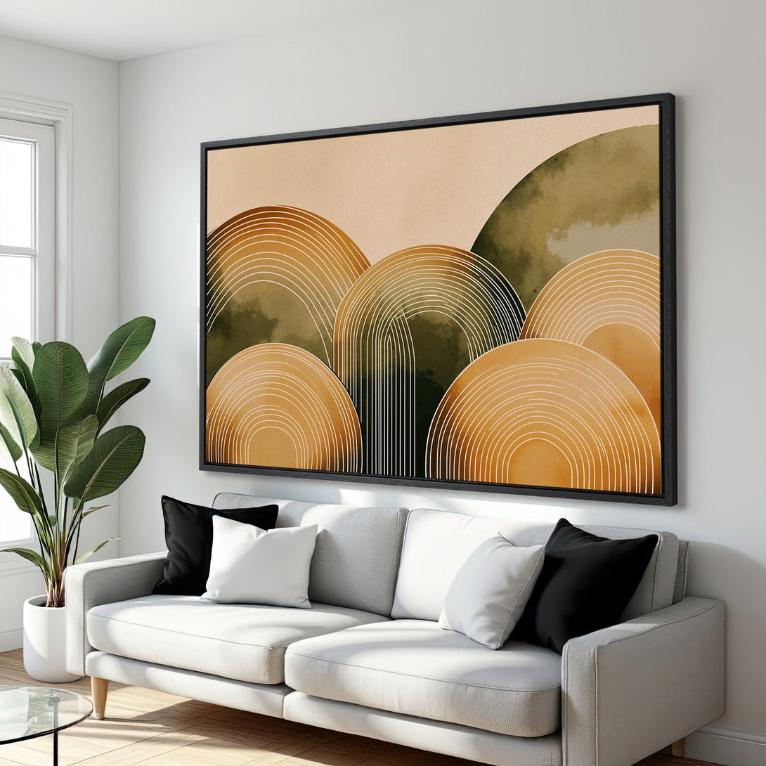 Framed Wall Art featuring an abstract landscape in warm earth tones. Modern art piece with a neutral color palette, perfect for living room decor.