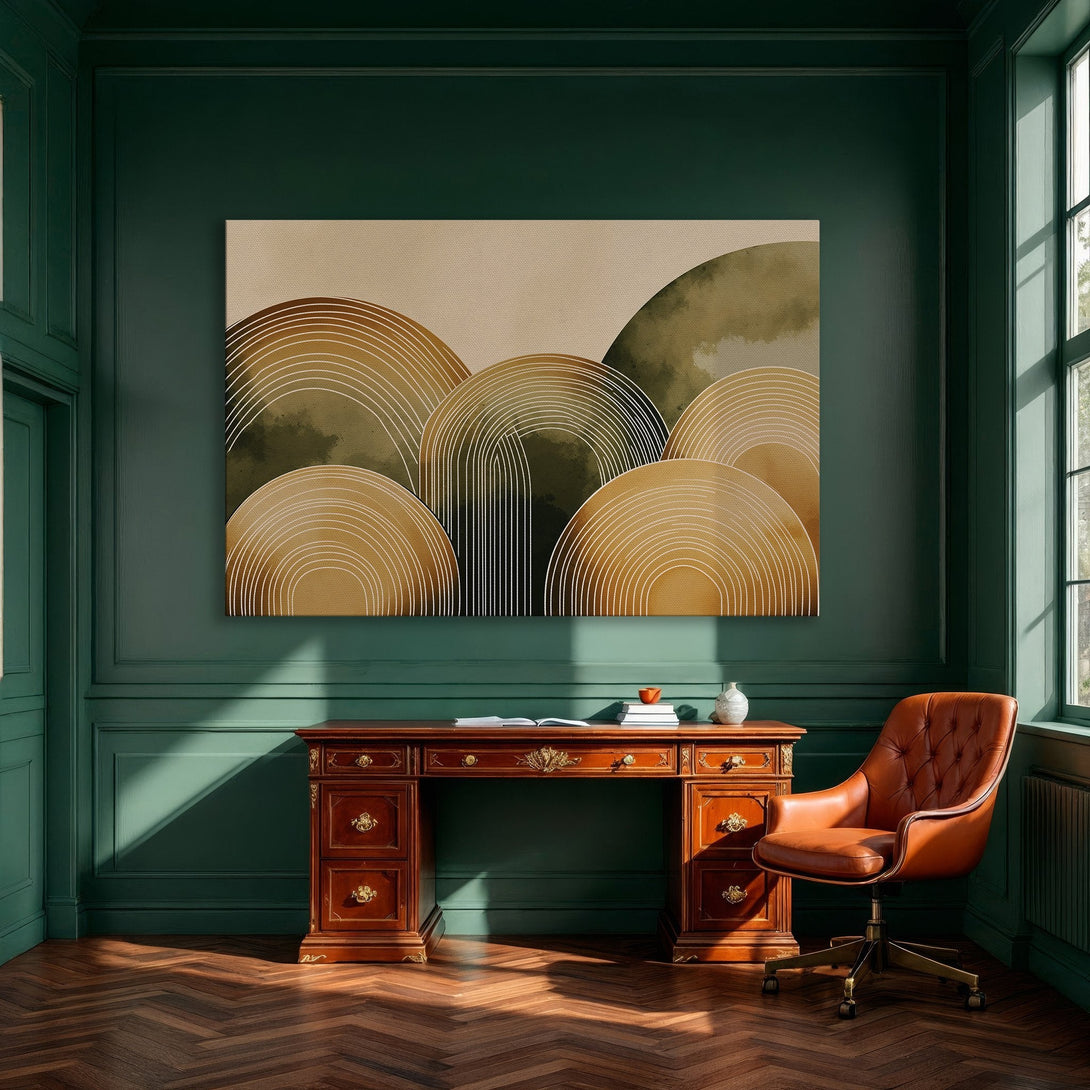 Framed Wall Art: Abstract landscape canvas print in warm earth tones. Modern art with gold frame, perfect for dining room decor.
