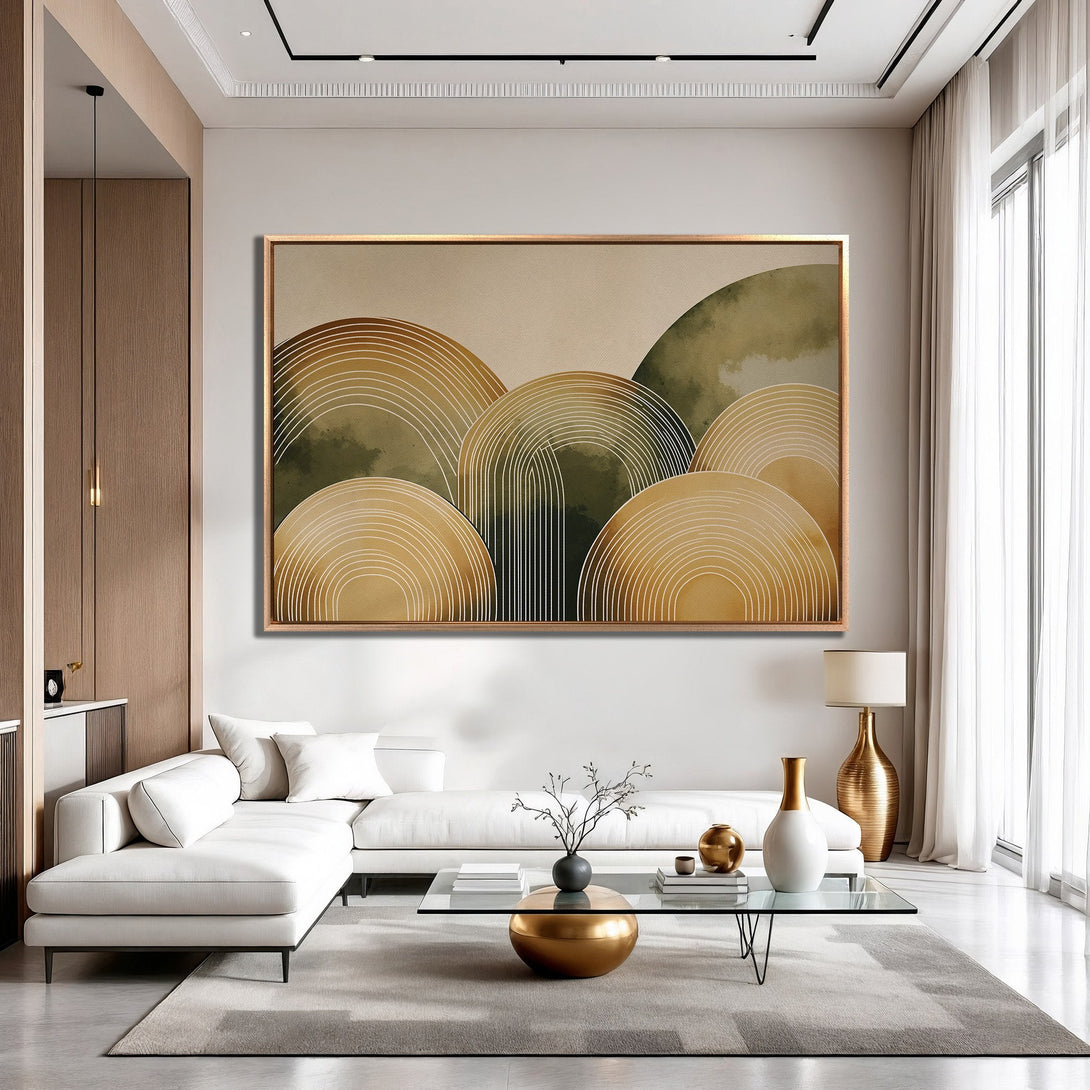 Framed Wall Art featuring an abstract landscape in warm earth tones. Modern minimalist style, perfect for living room decor.