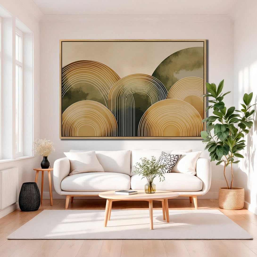 Framed Wall Art featuring abstract arch design in warm earth tones. Modern Canvas Print perfect for living room decor. Shop now!