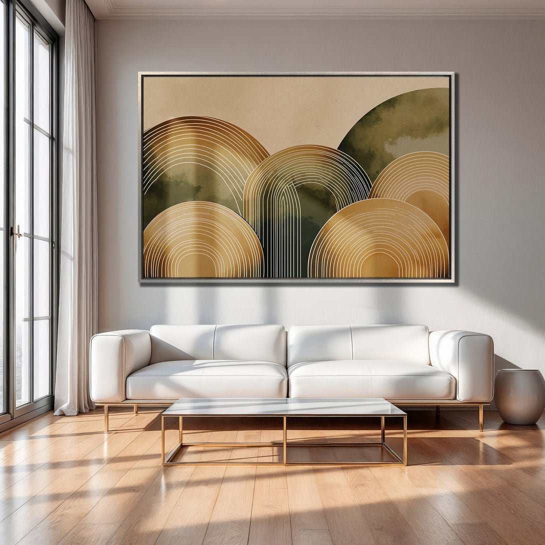 Framed Wall Art: Abstract geometric art in earth tones. Modern Canvas Print with gold, green, and beige palette. Elevate your living room decor!