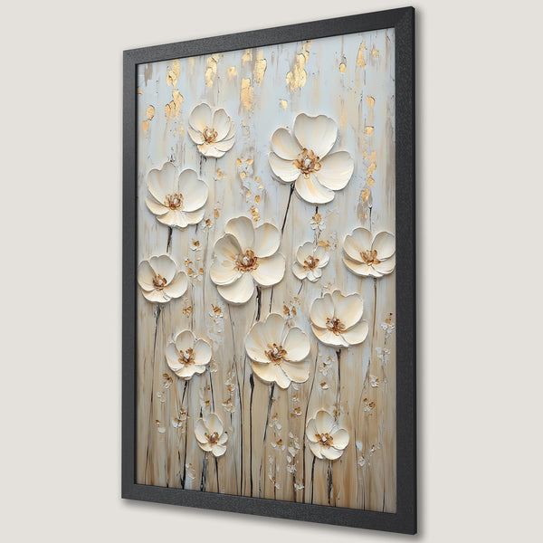 Framed Poster featuring elegant white flower art with gold accents, neutral color palette. Perfect for home decor.
