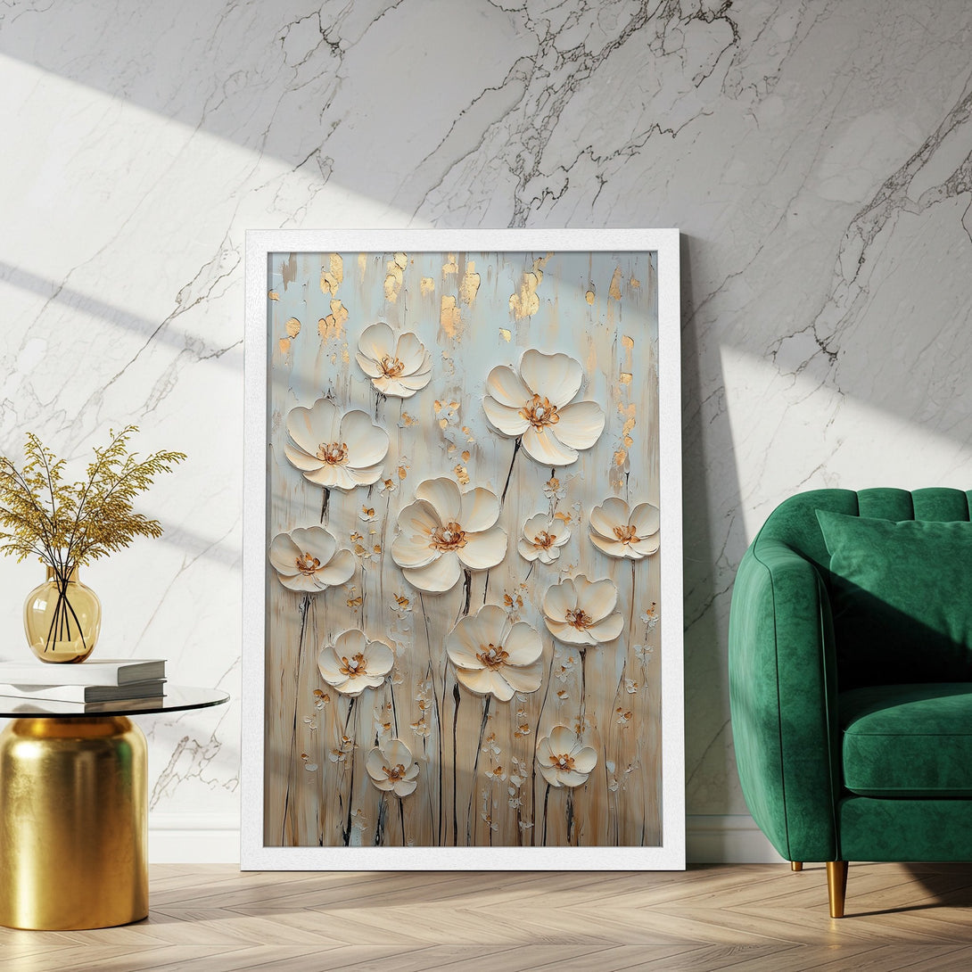 Framed Poster featuring textured white floral art with gold accents, soft neutral palette. Perfect wall decor.
