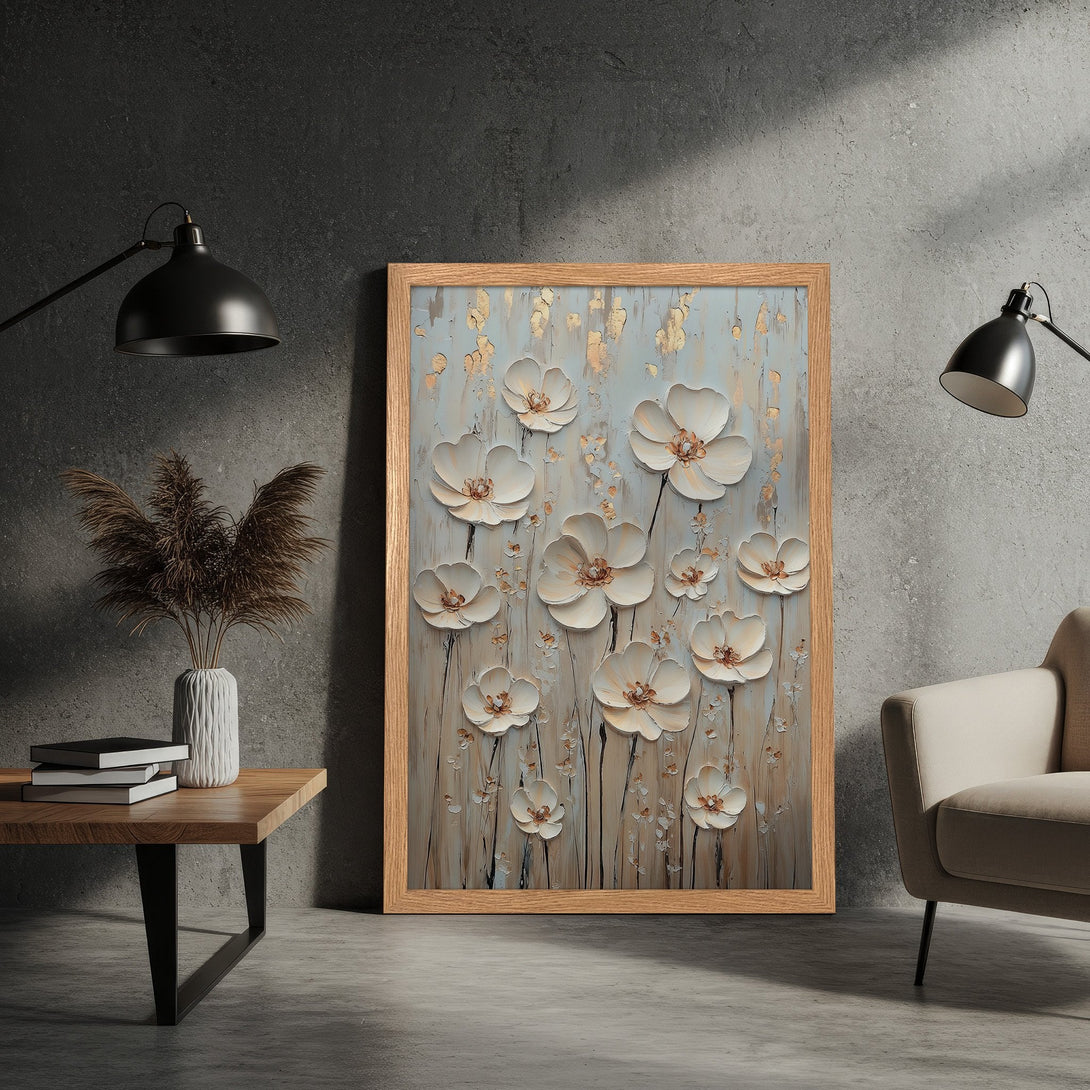Framed Poster featuring white floral art in a neutral color palette. Modern, textured style perfect for home decor.