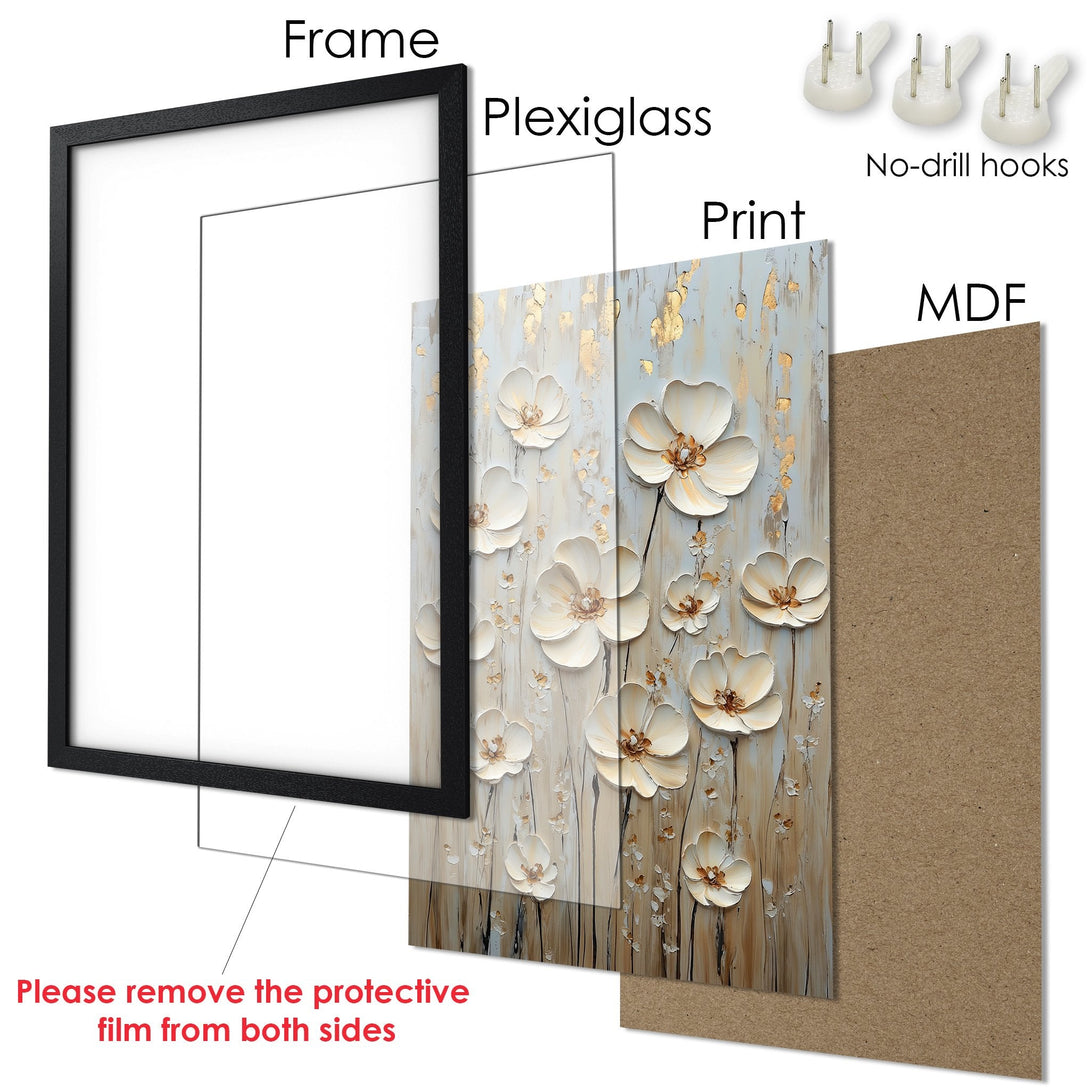 Framed Poster featuring textured white flowers with gold accents, a neutral color palette, and ready-to-hang hardware.