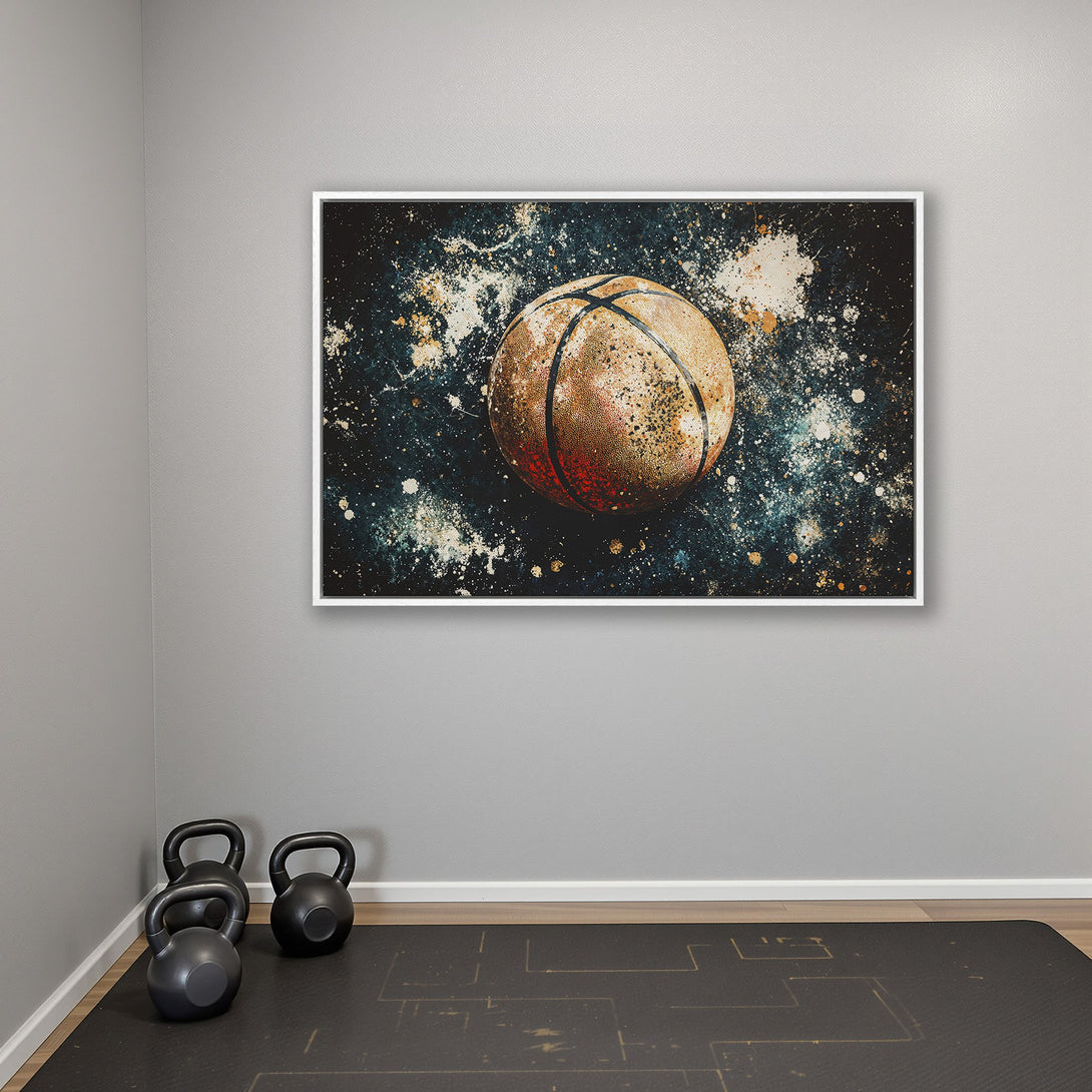 Framed Wall Art: Abstract basketball art in a modern style with a dark teal, orange, and white color palette. Perfect for sports enthusiasts!