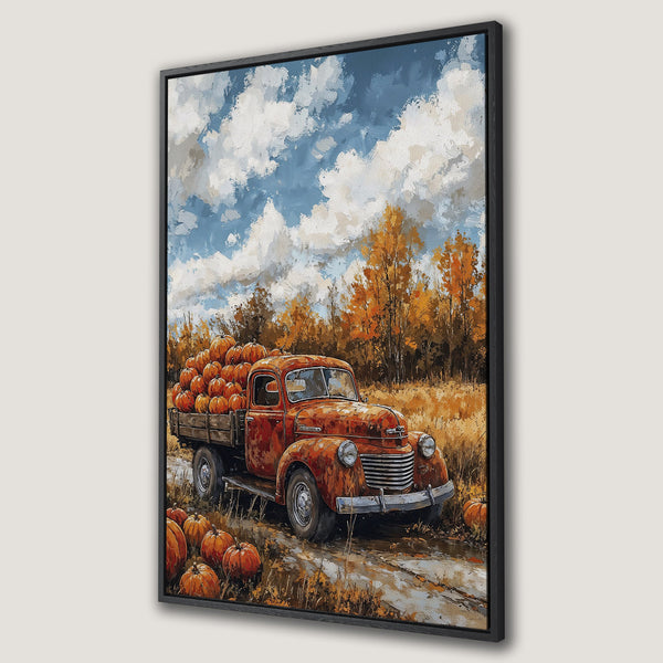 Framed Wall Art: Rustic autumn scene with vintage truck, pumpkins, and fall foliage. Warm orange, brown, and blue color palette. Perfect fall decor!