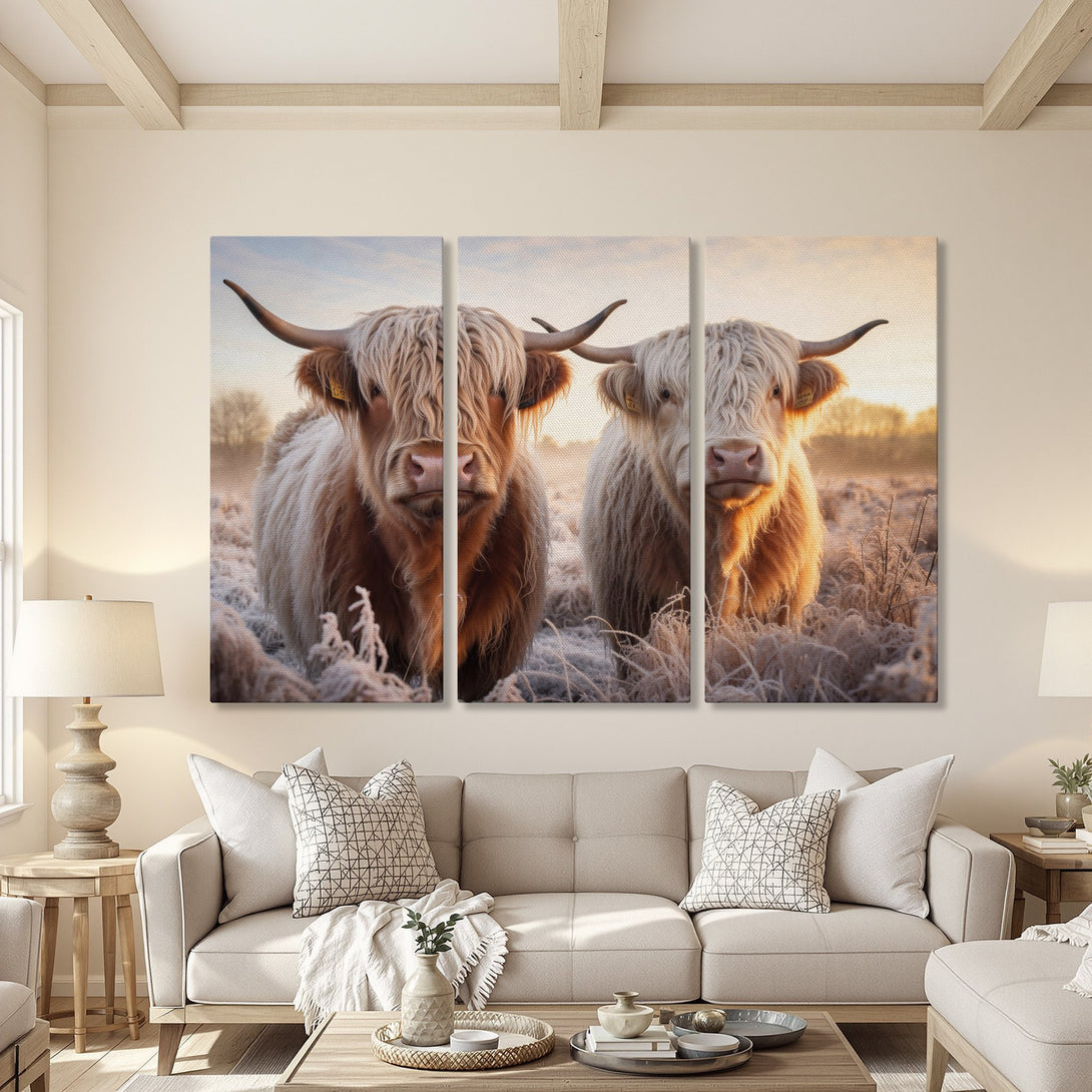Canvas Print of Highland cows in a field, warm neutral tones. Rustic farmhouse style wall art, perfect for living room decor.
