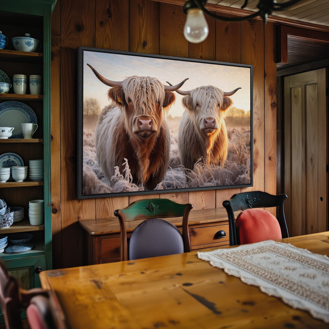 Framed Wall Art: Highland cows in a field. Rustic style, warm tones. Perfect for farmhouse decor. Canvas Print adds a touch of nature to your home.