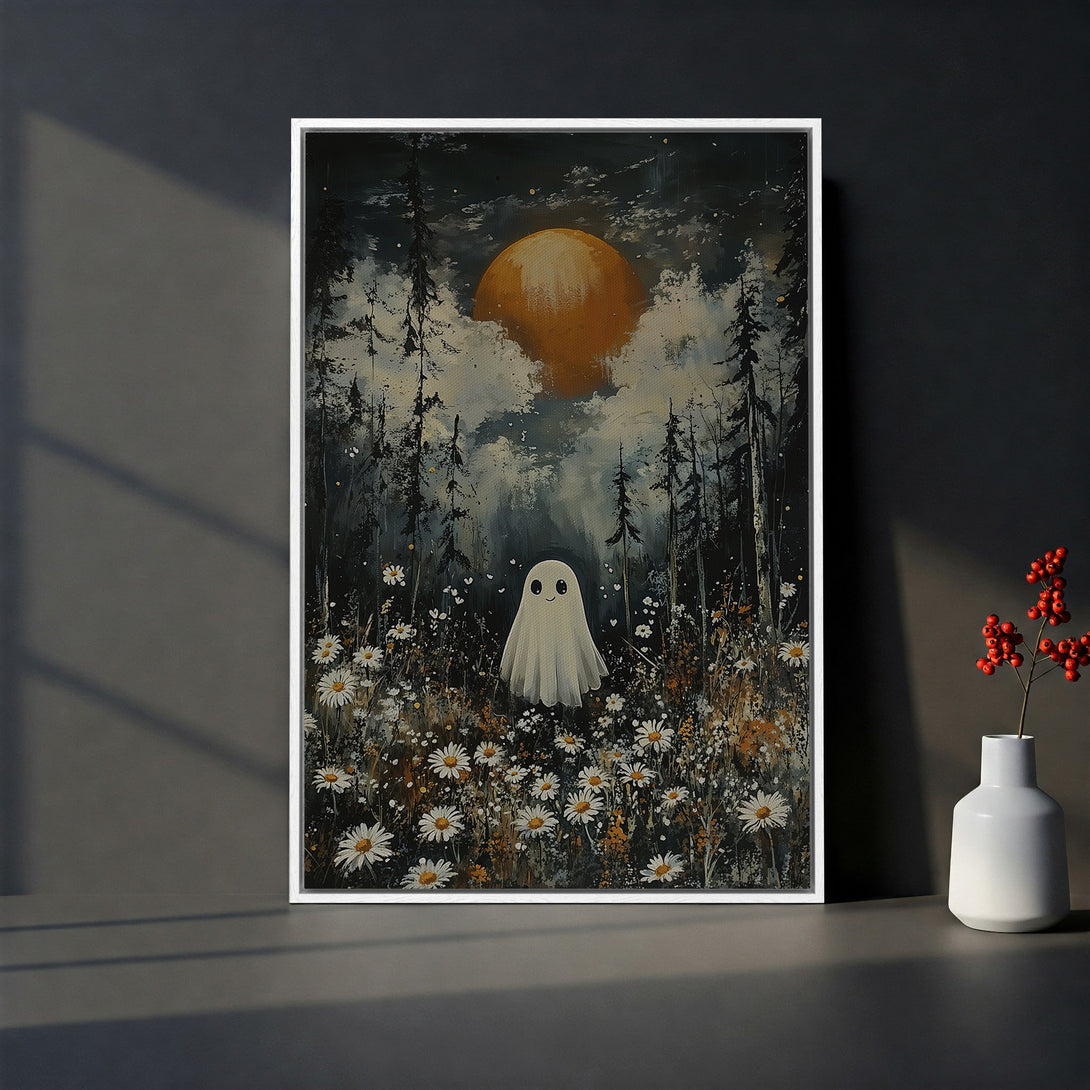 Framed Wall Art: Whimsical ghost in a daisy field, dark forest backdrop, warm sunset. Cozy, illustrative style, with a moody color palette.