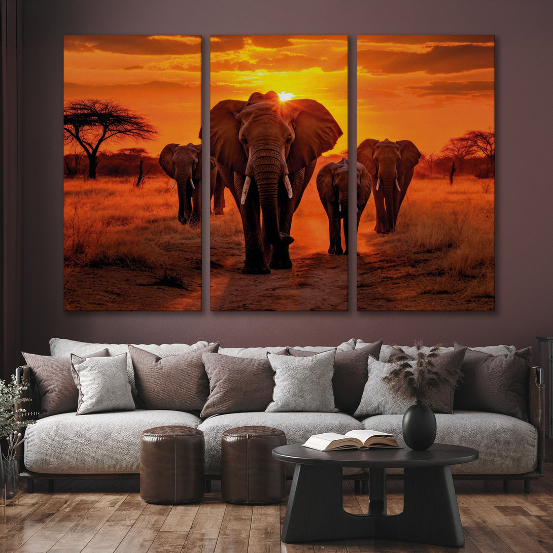 Canvas Print of elephants at sunset. Warm orange and brown tones evoke a savanna landscape. Perfect for adding a touch of nature to your home.