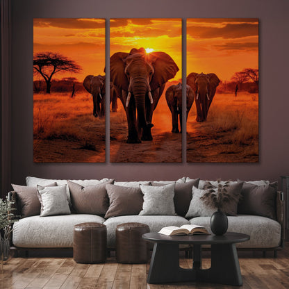 Big African Elephants Savanna Sunset Canvas Print Art