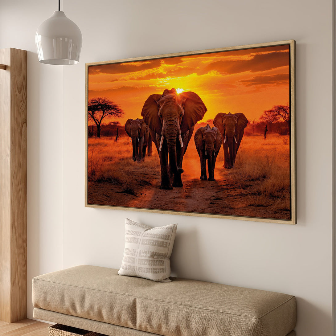 Framed Wall Art: Majestic elephants at sunset. Warm orange and brown hues create a stunning African savanna scene. Add this vibrant canvas print to your decor!