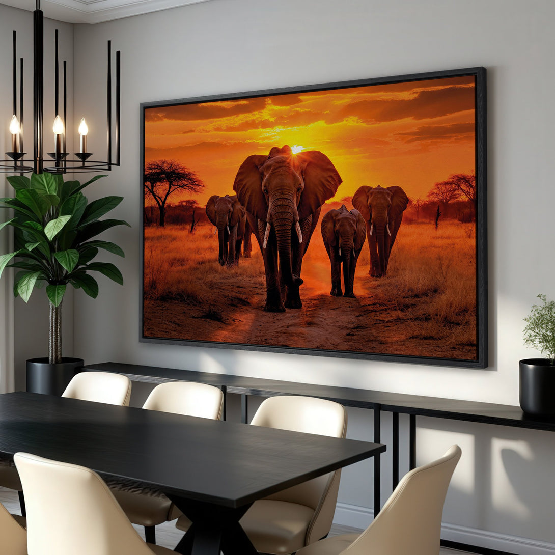 Framed Wall Art featuring majestic elephants in a warm sunset scene. Earthy orange and brown tones create a captivating African savanna landscape. Elevate your decor!