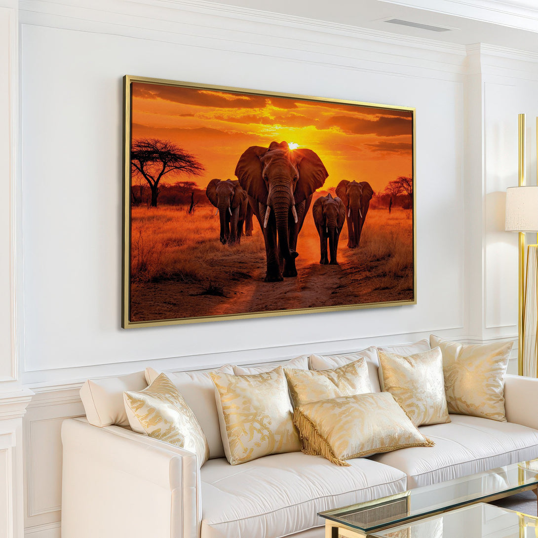 Canvas Print: Stunning elephant herd at sunset. Warm orange and brown tones. Perfect African wildlife wall art for your home.