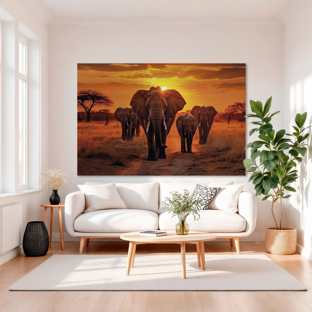 Framed Wall Art: Majestic elephants at sunset. Warm orange & gold tones create a stunning African savanna scene. Elevate your space with this captivating artwork.