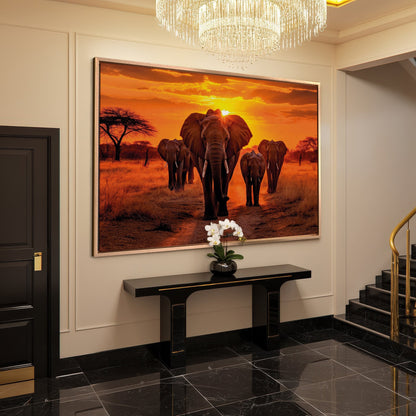 Big African Elephants Savanna Sunset Canvas Print Art