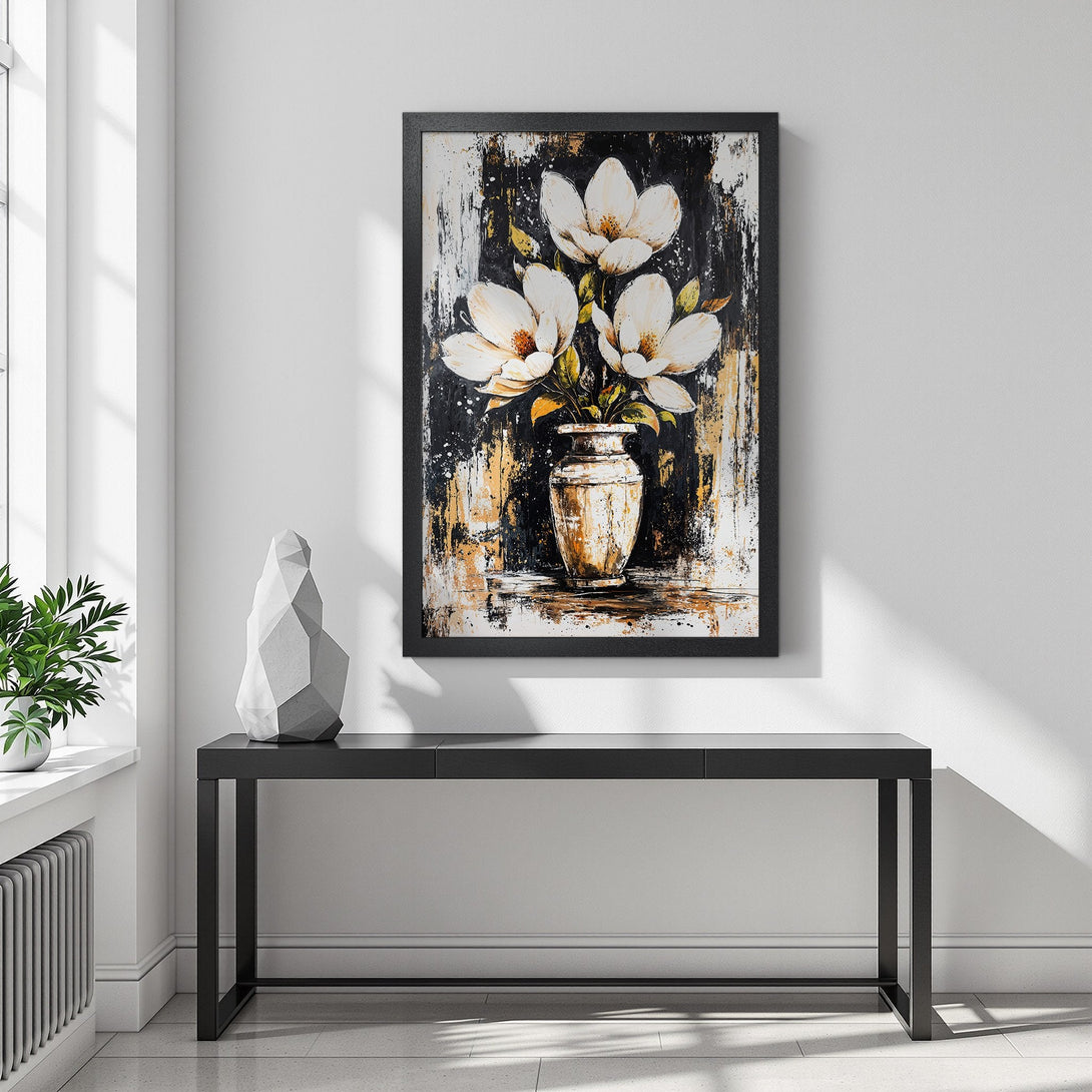 Framed Poster featuring white floral art with black, gold, and cream color palette, perfect for modern home decor.