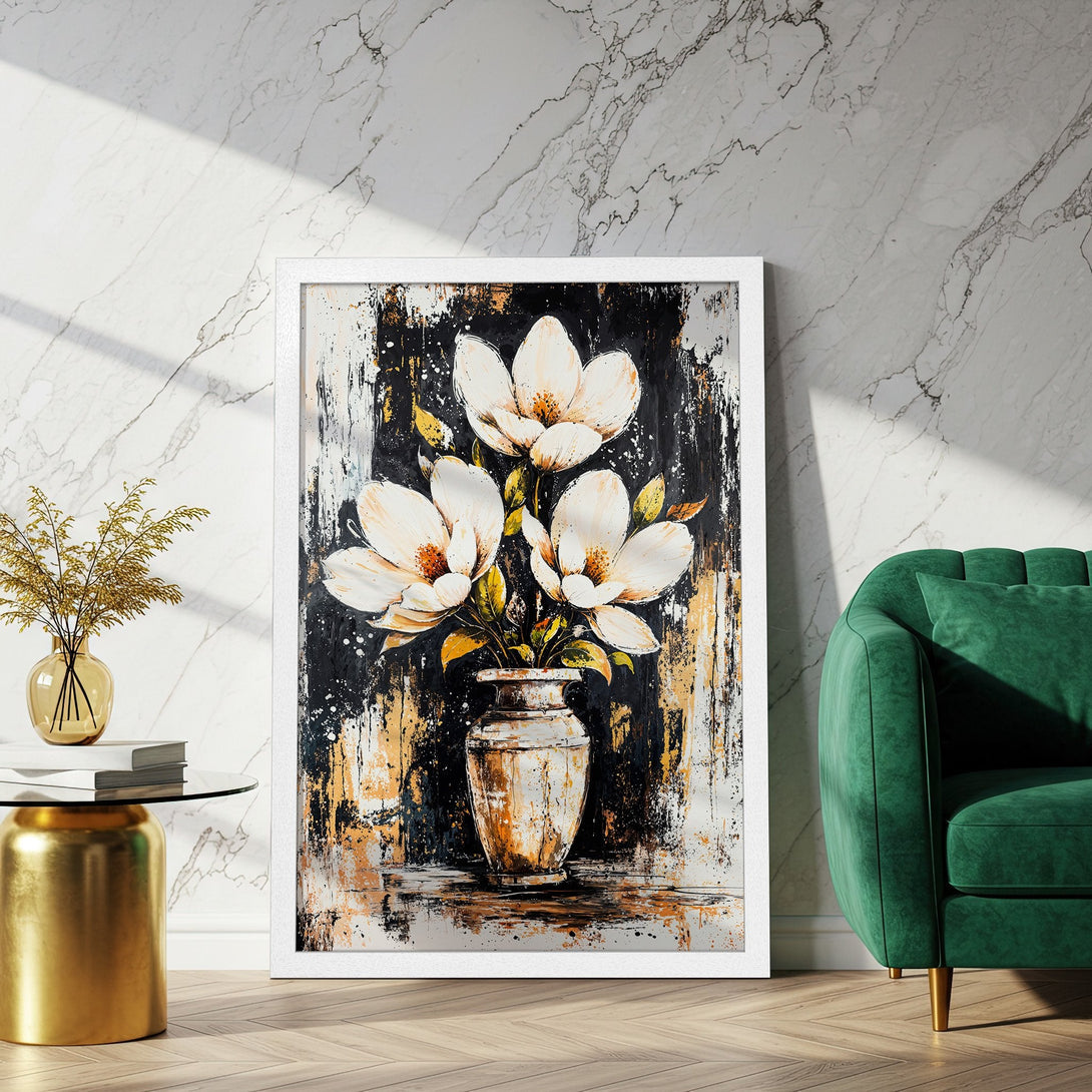 Framed Poster featuring white magnolia flowers in a vase, abstract style, with black, gold, and white color palette. Perfect wall art!