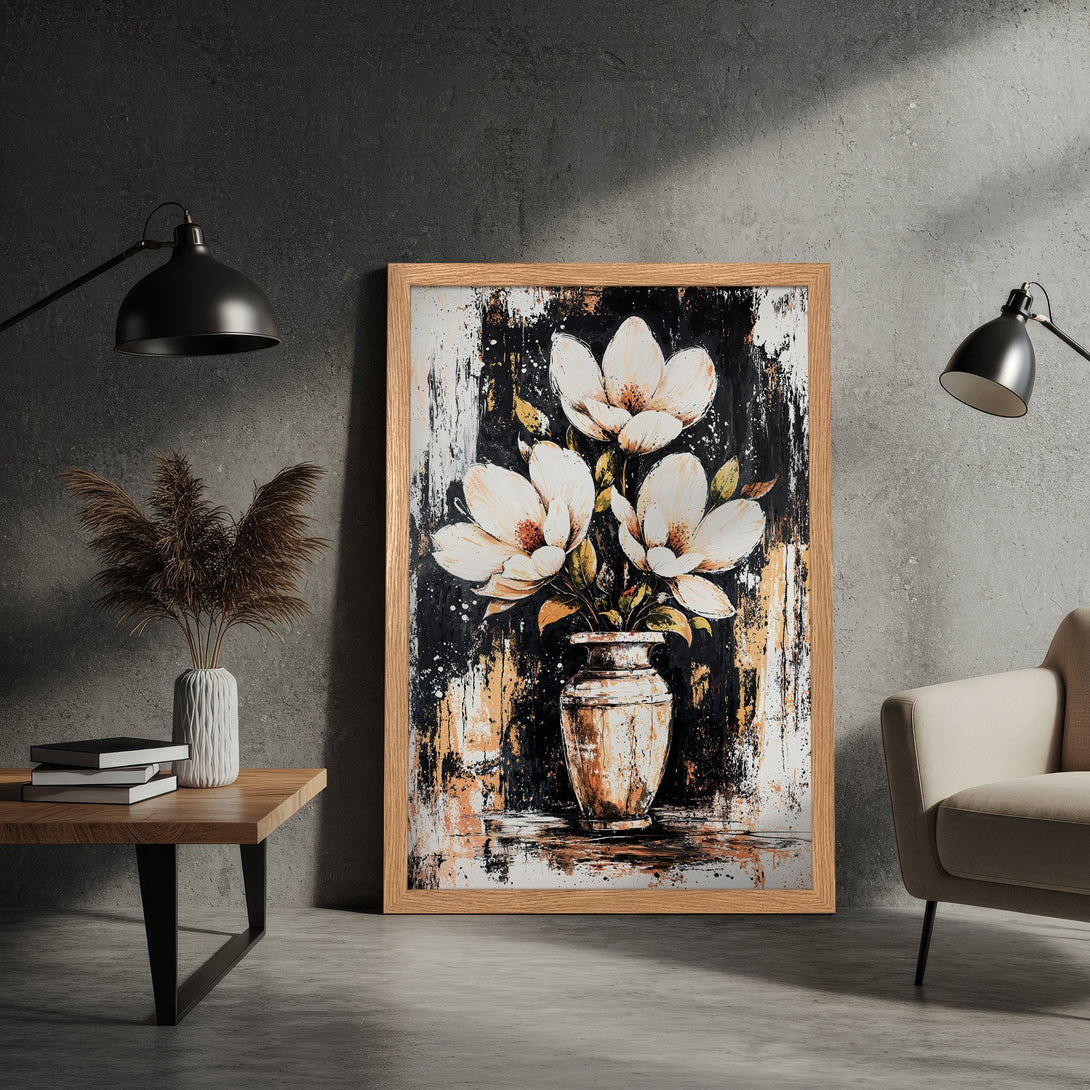 Framed Poster of white flower art in a vase, abstract style, with black, gold, and white color palette. Perfect wall decor.