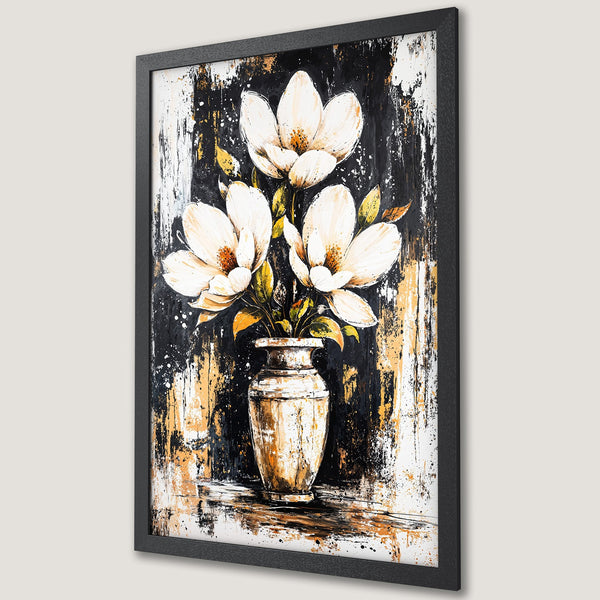 Framed Poster featuring white floral art in a modern, abstract style with a black, gold, and white color palette. Perfect wall decor.