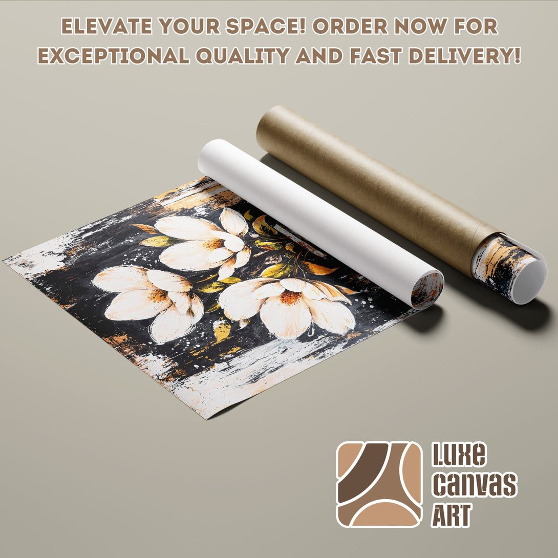 Poster Roll featuring abstract floral art in a black, white, and gold color palette. Elevate your space with Luxe Canvas Art!