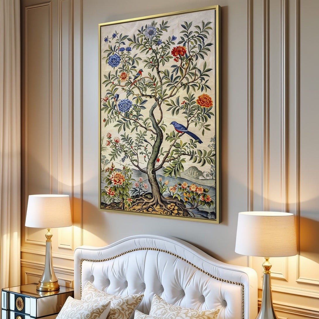 Canvas Print featuring a vintage botanical illustration of a tree with birds and flowers. Soft, muted color palette adds elegance to any space.