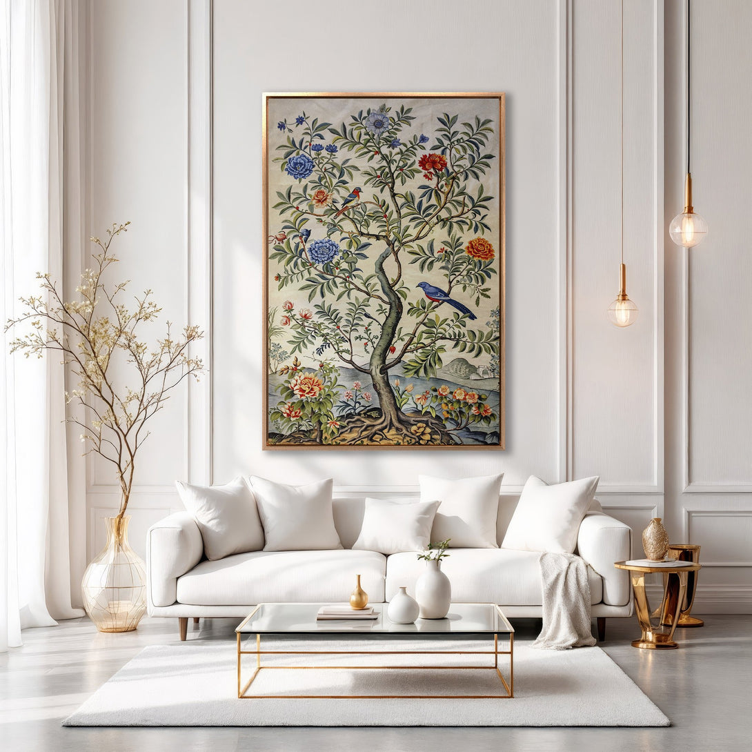 Framed Wall Art: Elegant floral tree print in a gold frame. Adds a touch of nature with a vintage style and a soft, colorful palette to any room.