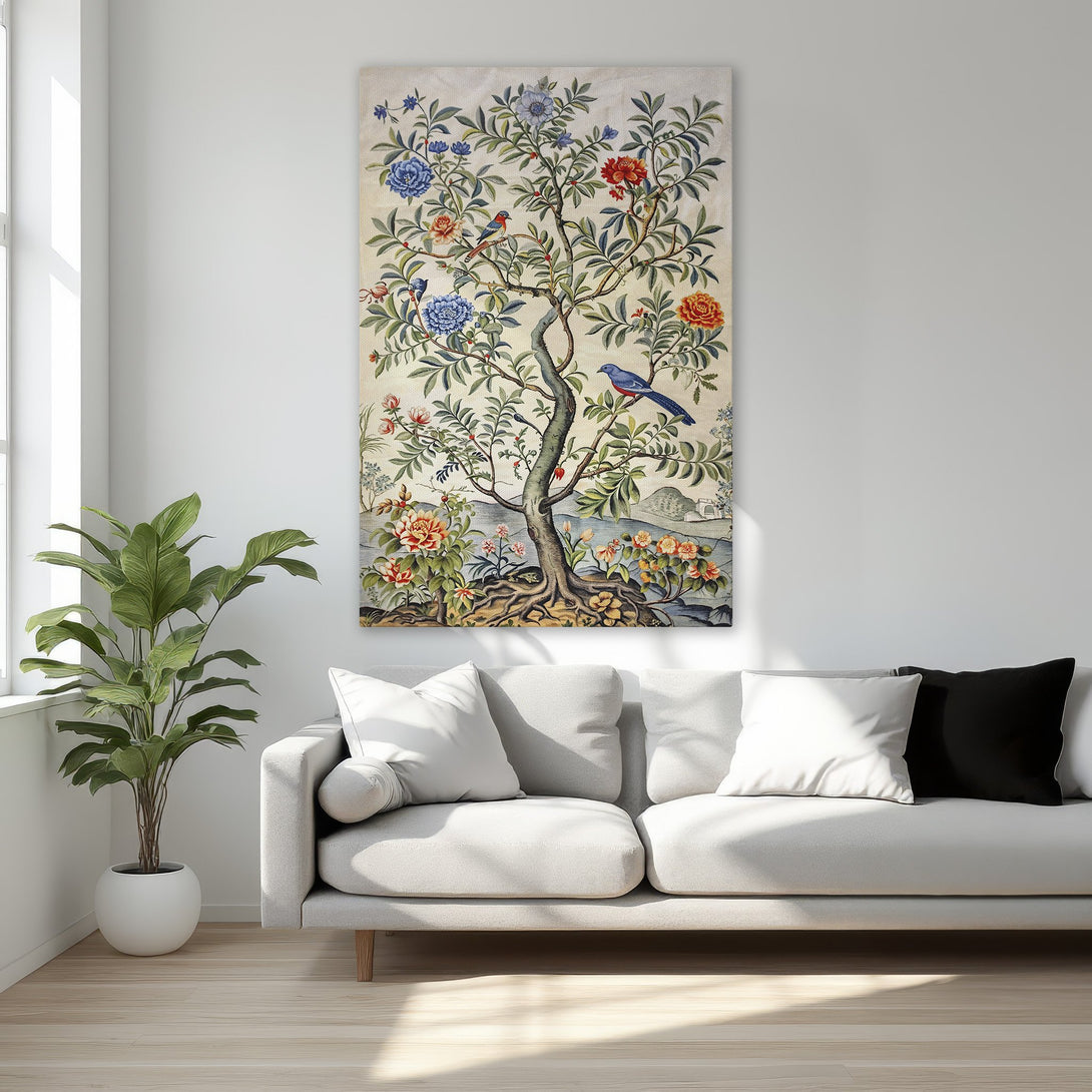 Framed Wall Art: Floral tree print with birds. Classic style, featuring blue, red, and green hues. Perfect for bedroom decor.