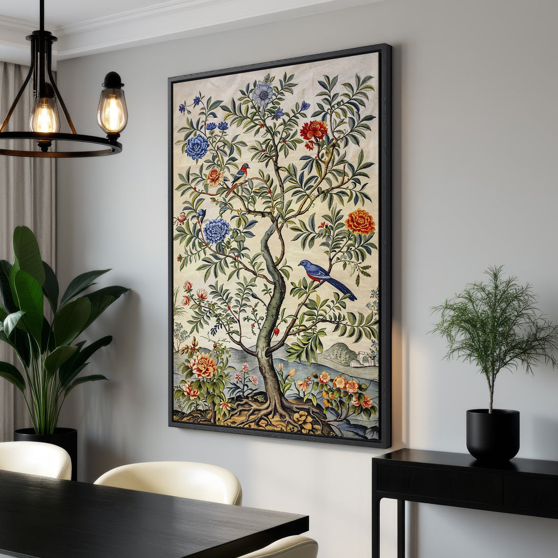 Framed Wall Art featuring a vibrant botanical tree design with birds. A classic style with a warm, neutral color palette, perfect for adding elegance to any space.