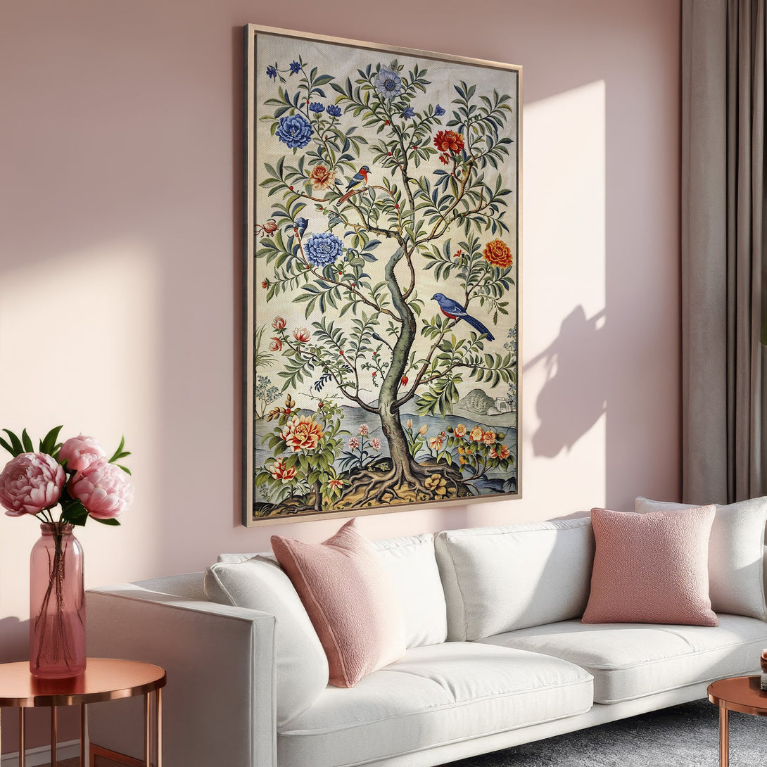 Framed Wall Art: Vintage floral tree print with birds, in a warm, inviting interior. Features a soft, muted color palette. Perfect for living room decor.