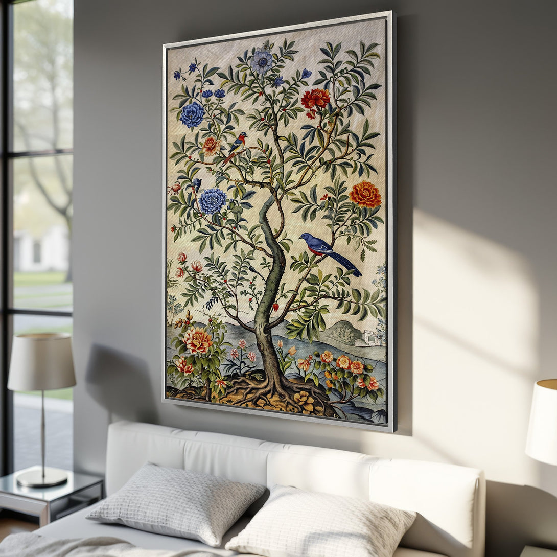 Framed Wall Art featuring a vibrant floral tree design with birds. Earthy tones of green, blue, and orange create a beautiful, vintage-inspired canvas print for your home.