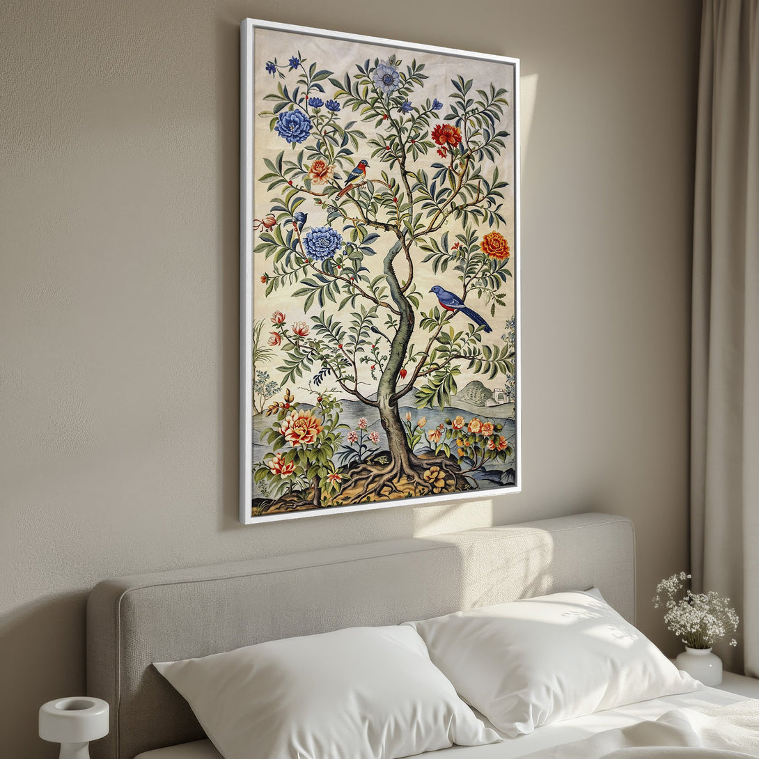 Framed Wall Art featuring a vibrant botanical illustration with birds, in a classic style. The color palette includes blues, reds, and greens. Perfect for bedroom decor!
