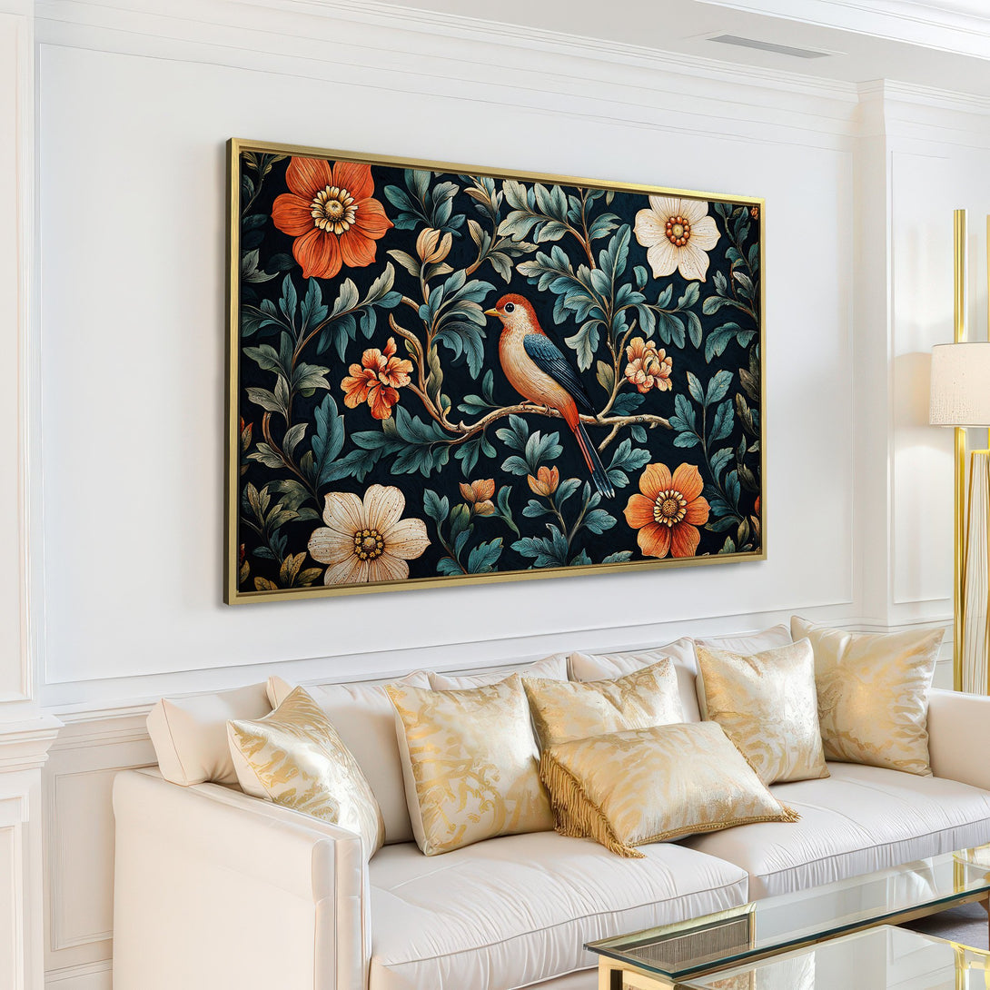 Canvas Print: Bird and floral art in a dark, moody style. Features orange, cream, and teal hues. Perfect for adding a touch of elegance to any space.