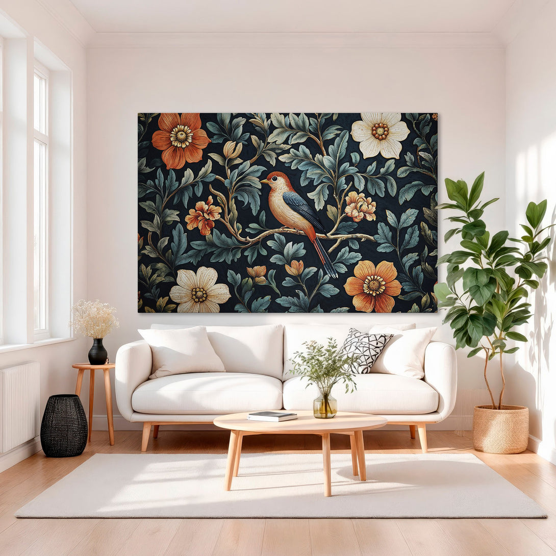 Framed Wall Art: Floral bird canvas print in a dark teal, orange, and cream color palette. Perfect for adding a touch of elegance to your living room.